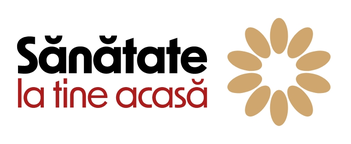 Logo text: "Sănătate la tine acasă" cu un simbol floral stilizat alături, reprezentând sănătatea și bunăstarea.