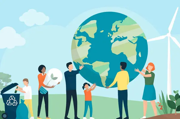 A diverse group of people, including adults and children, are collaboratively holding a large globe depicting the Earth. One person is holding a plant. In the background, there are recycling bins and a wind turbine, symbolizing environmental conservation and sustainability efforts.